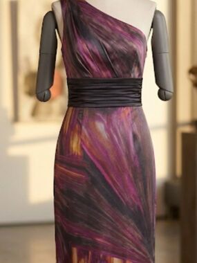 Worthington One-Shoulder Purple and Black Abstract Print Dress